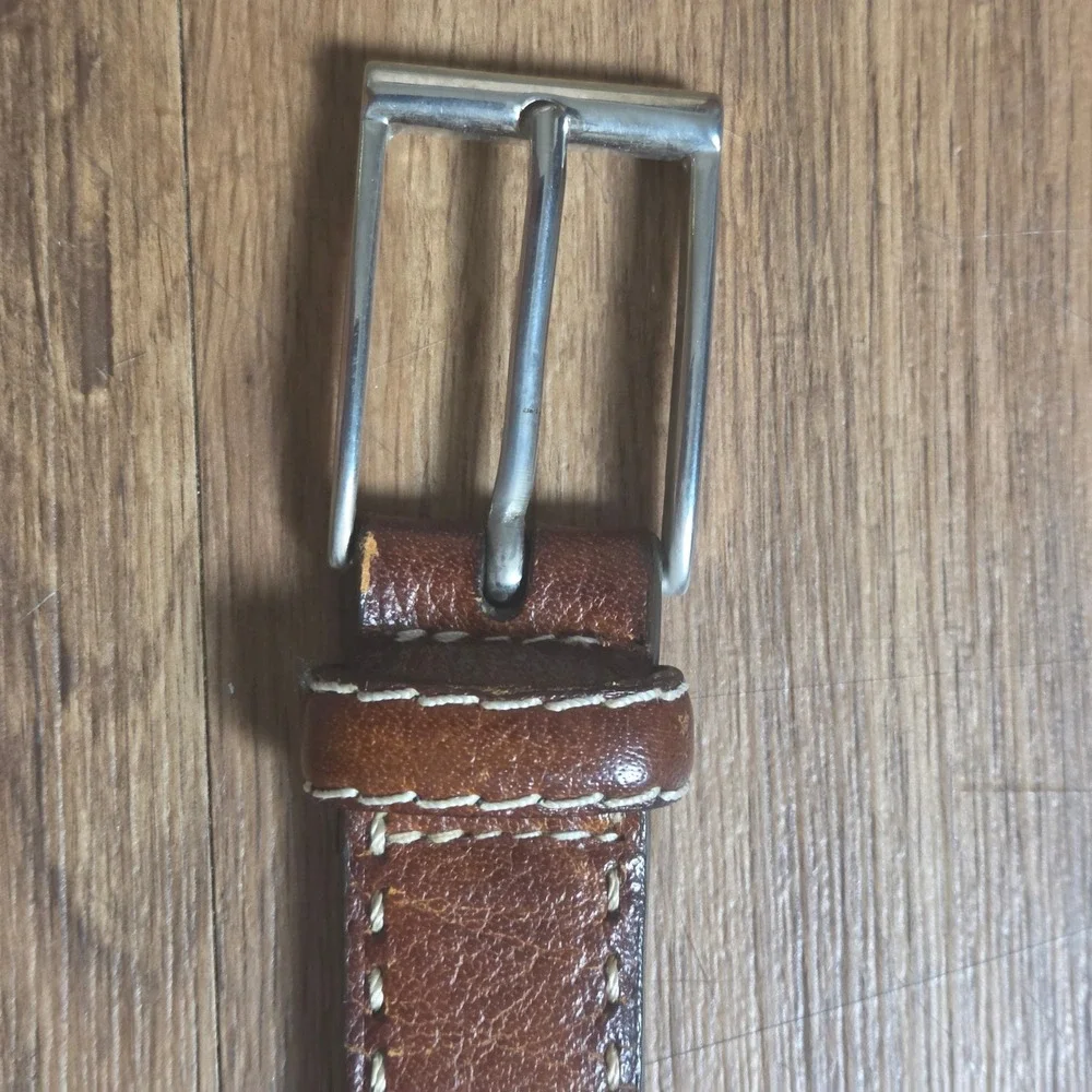 Bernardo Firenze Italian Leather Belt Contrast Stitching Mens 34 Italy Brown